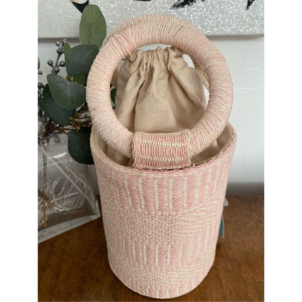 SIGRID OLSEN NWT Woven Pink & Cream Bucket Beach Bag Purse Tote - Picture 3 of 9